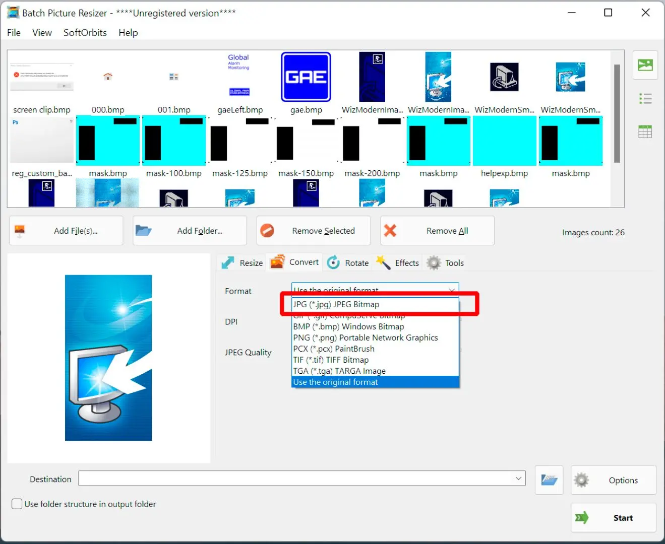 Изменить выходной формат на JPEG..