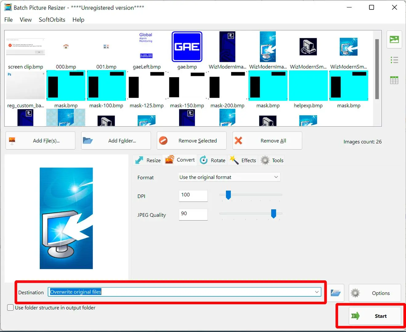 Начать преобразование BMP в JPEG..