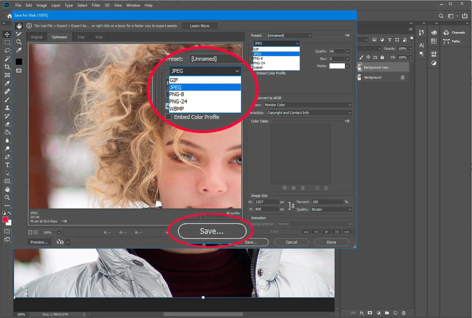 Adobe Photoshop. сохраните PSD для сайта jpg...