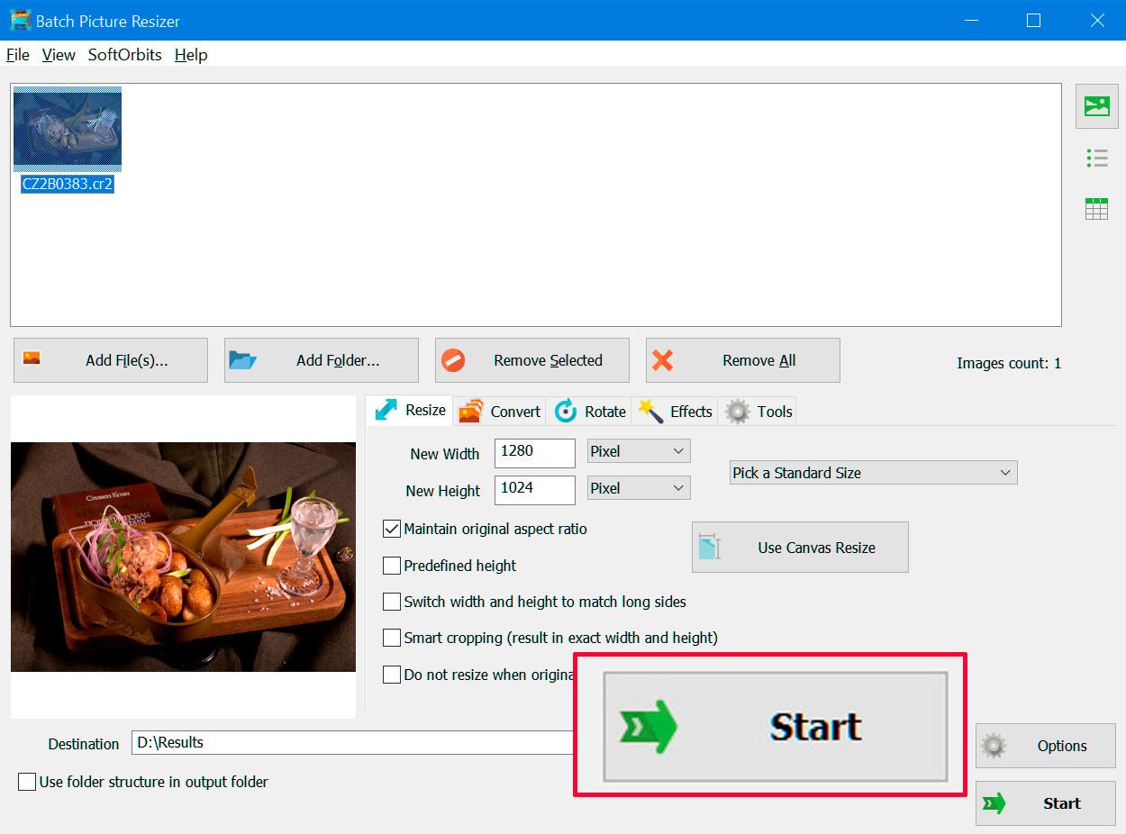 Convert cr2 to jpeg step 5. push start button..