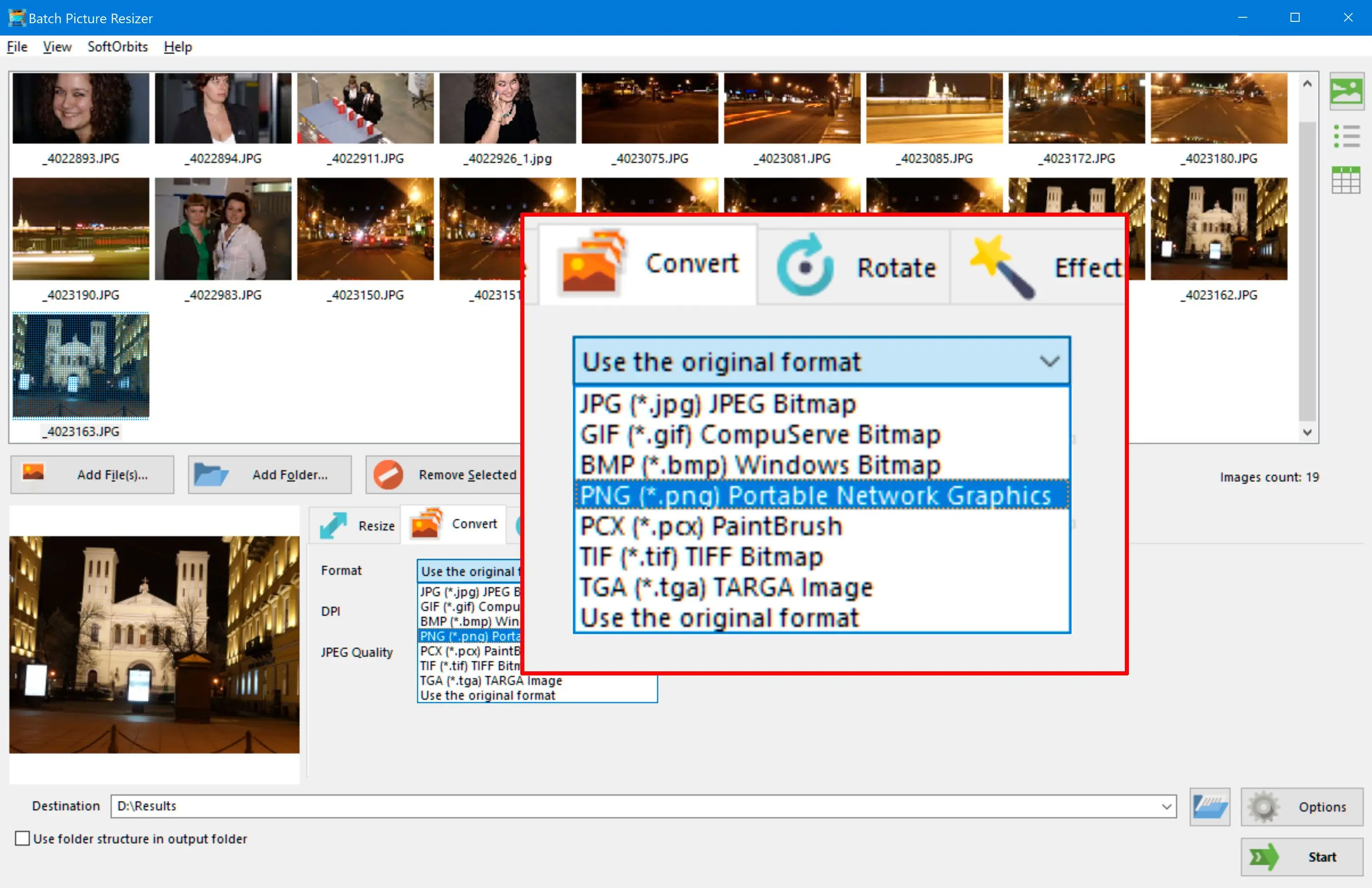 Выберите формат для конвертации файла WebP в PNG с помощью программы WebP to PNG Converter...