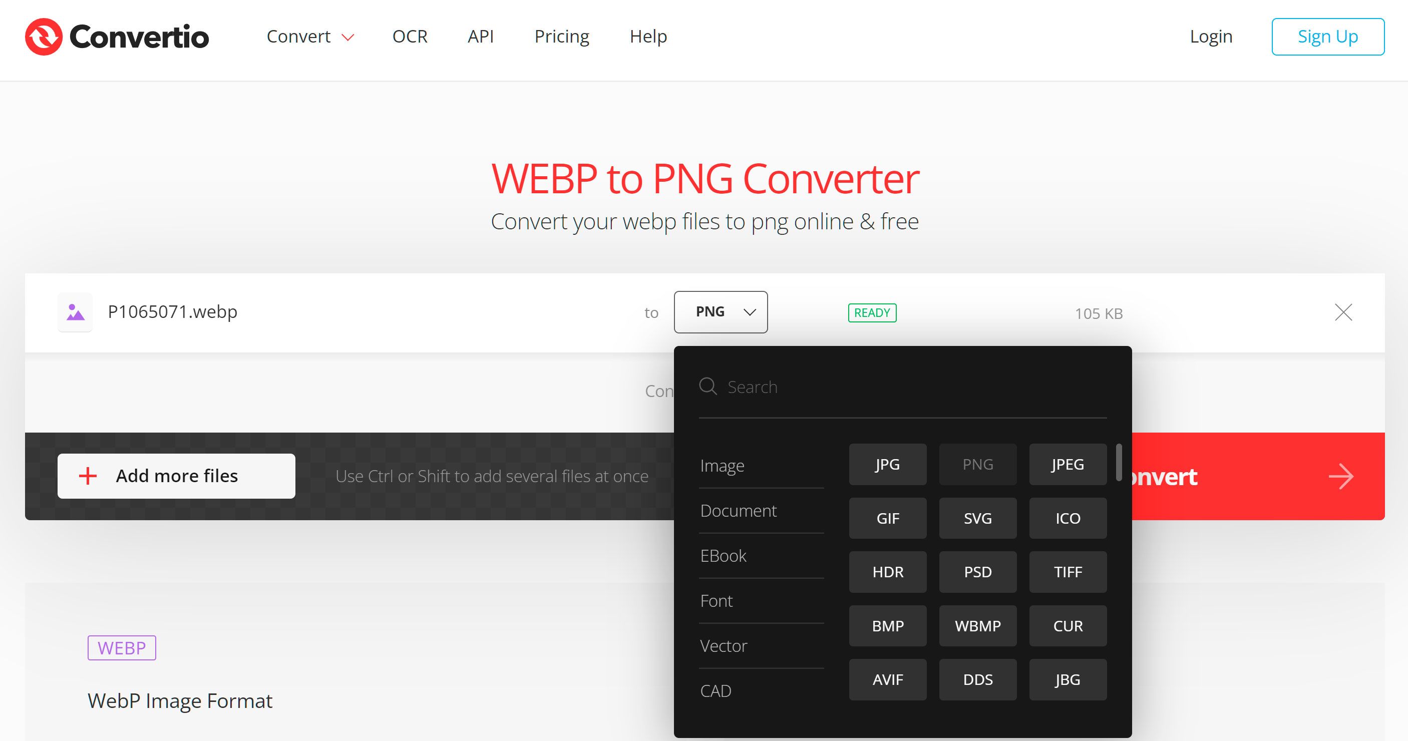 Выберите формат PNG для преобразования из WebP онлайн..