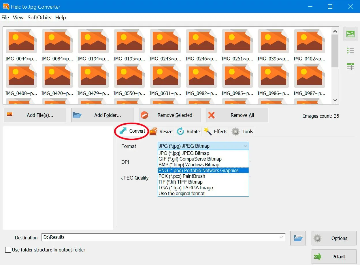 Выбрать PNG для конвертации из heic..