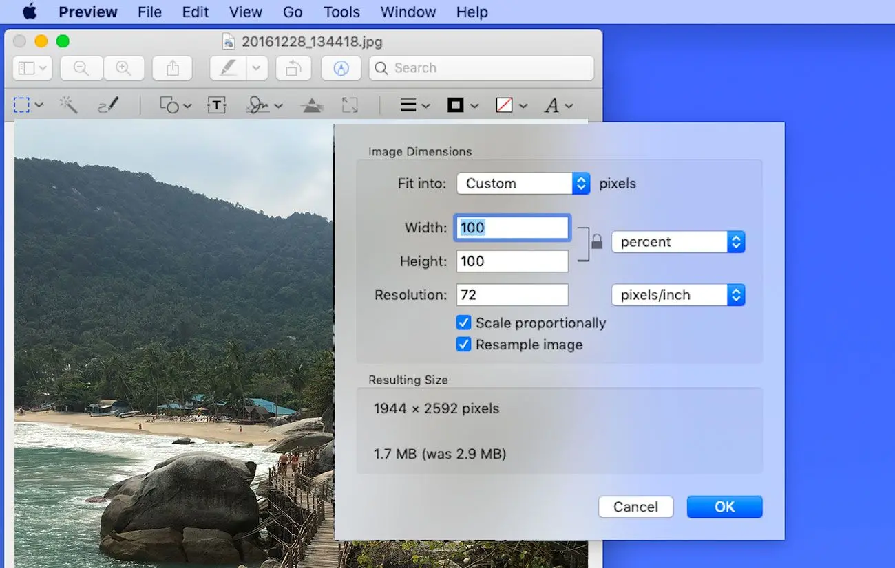 Изменение размера фотографии на Mac в КБ..