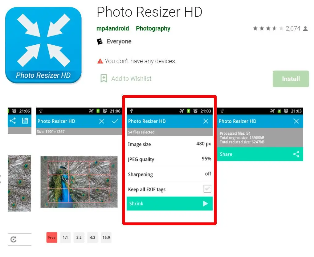 Image Resizer в КБ HD Android приложение..