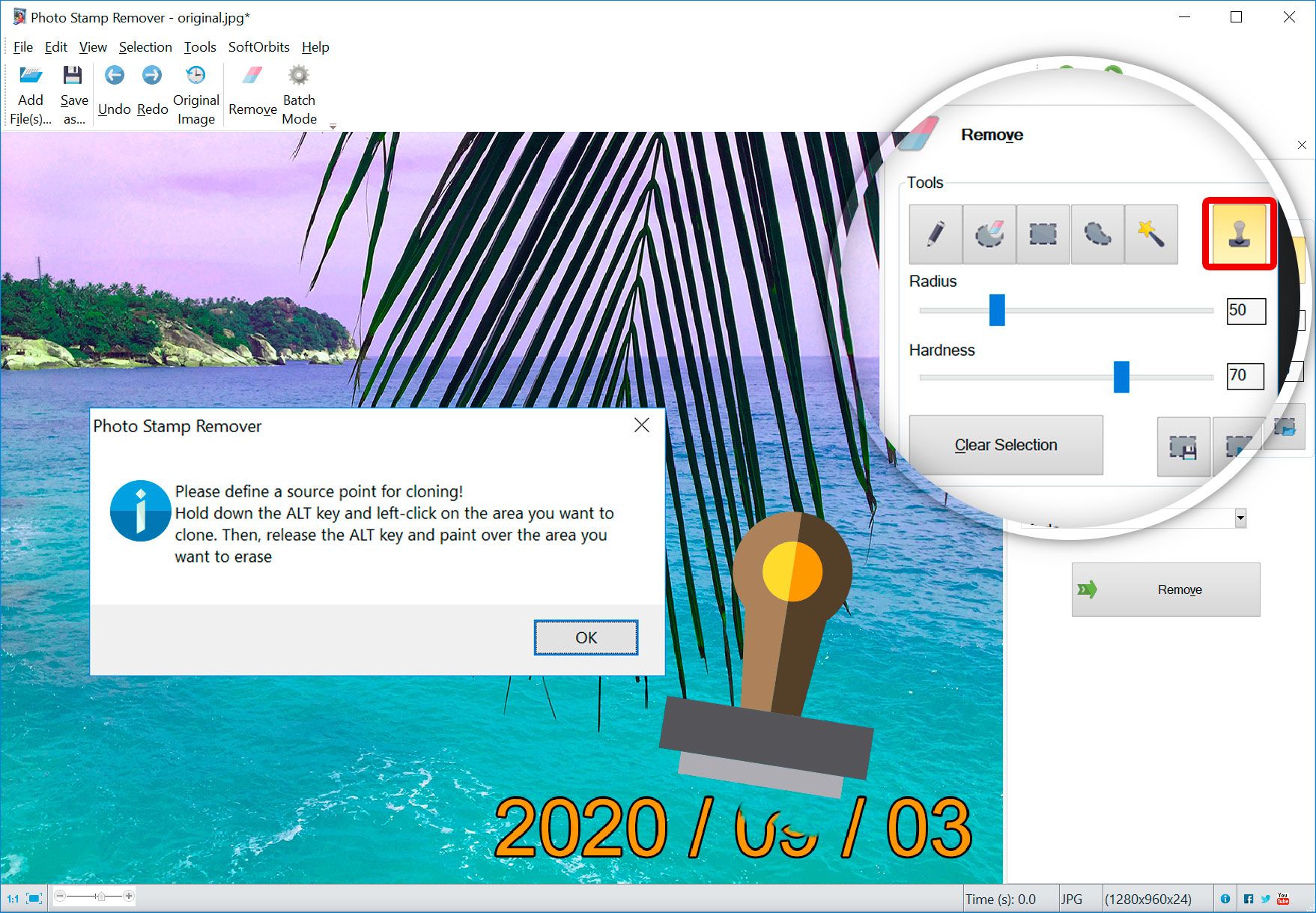 Удалить дату с фотографии с помощью штампа клона tool...