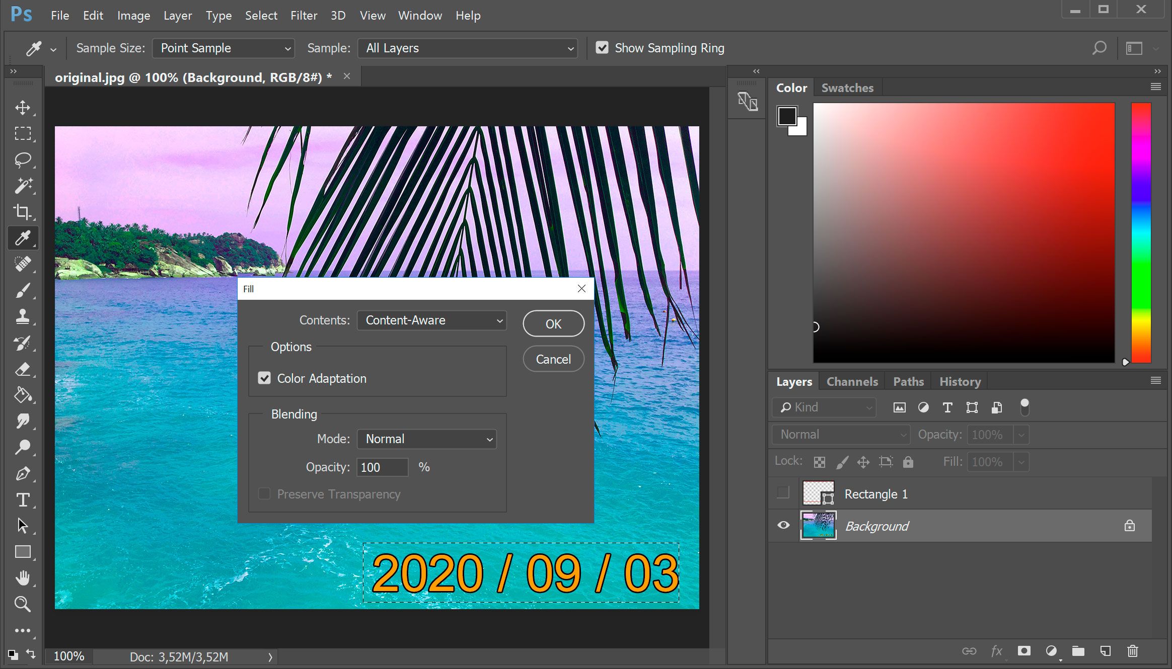 Удаление штампа даты в Photoshop с помощью Content Aware Fill..