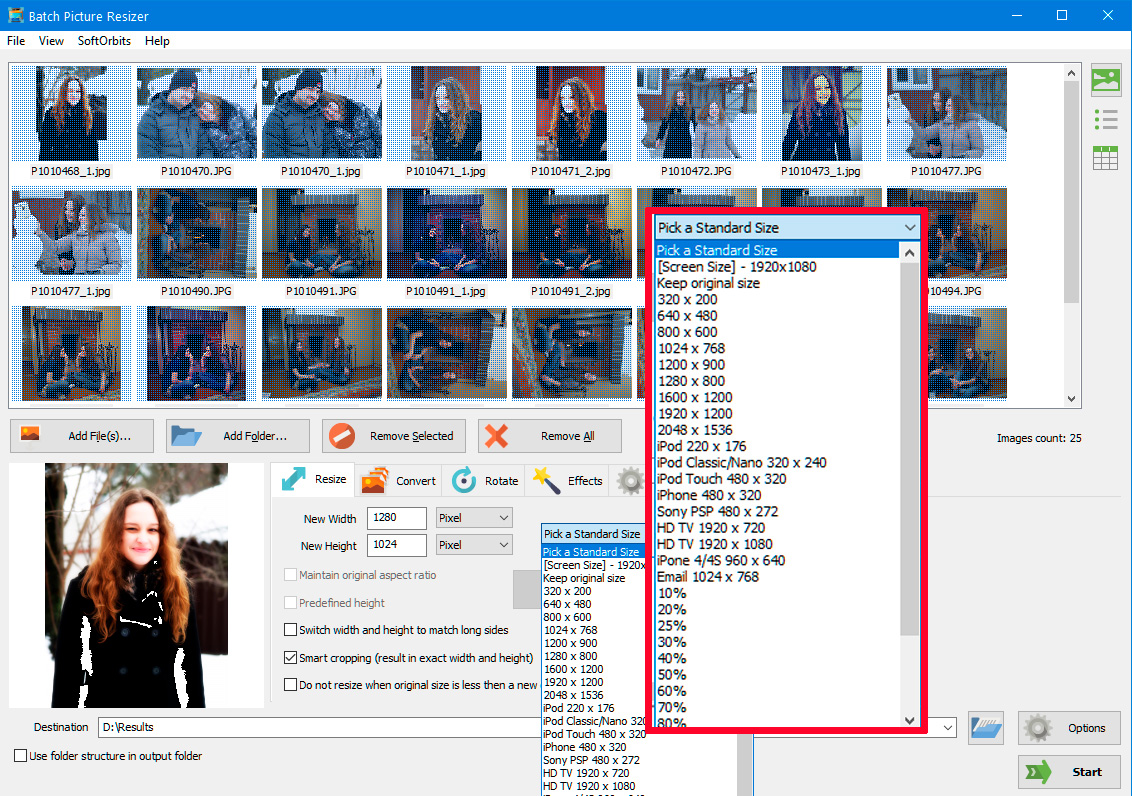 Выберите размер изображения.