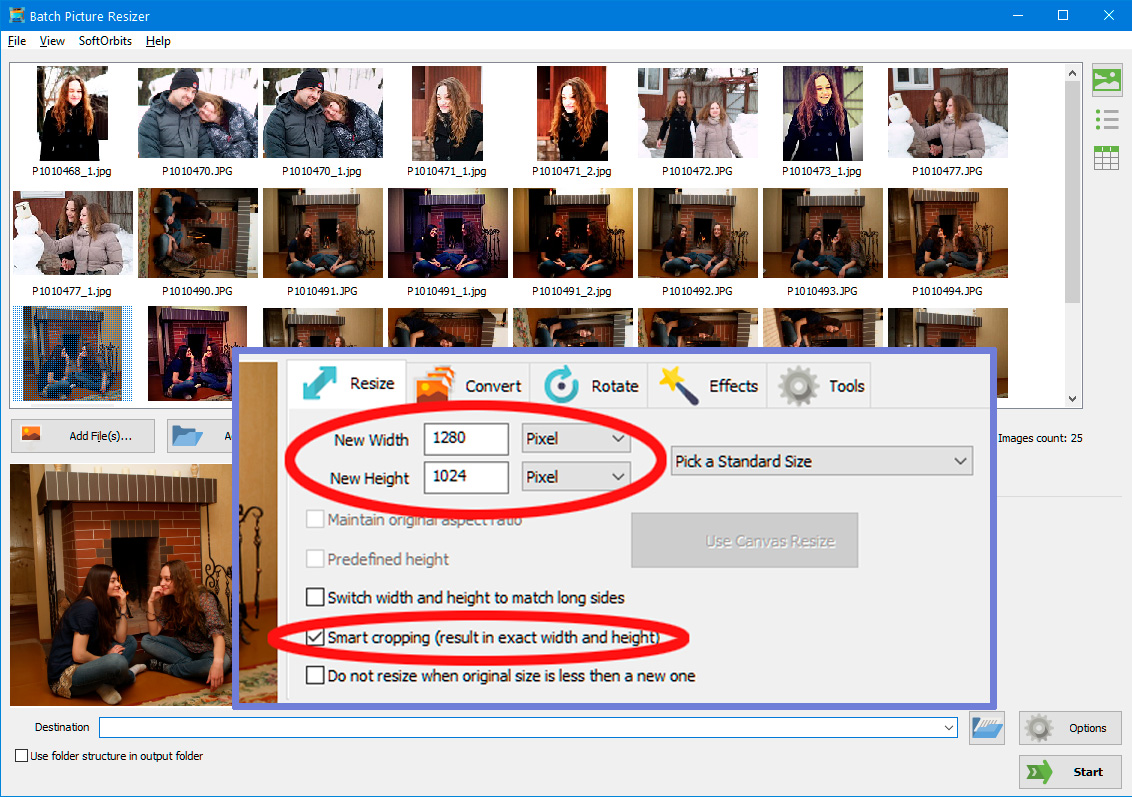 Выбор интеллектуального изменения размера нескольких изображений.
