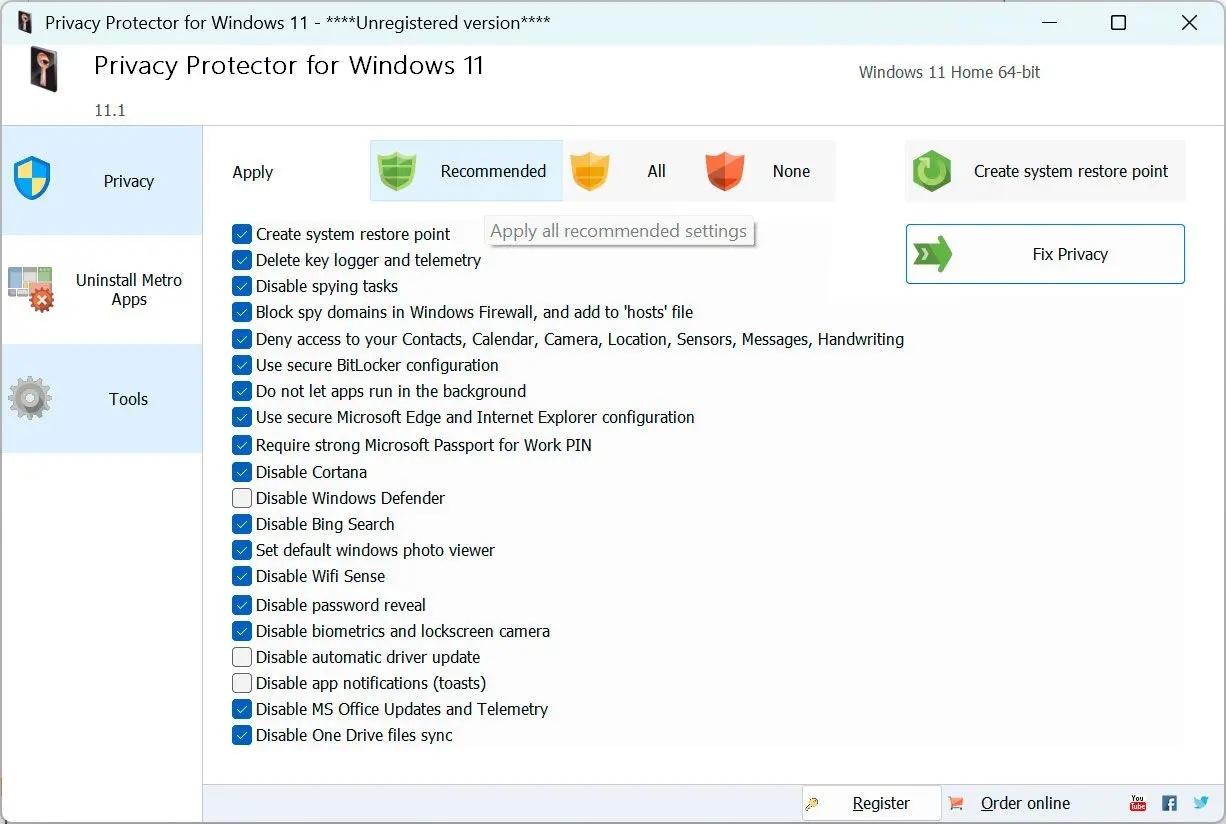 Privacy Protector for Windows 11 Снимок экрана.