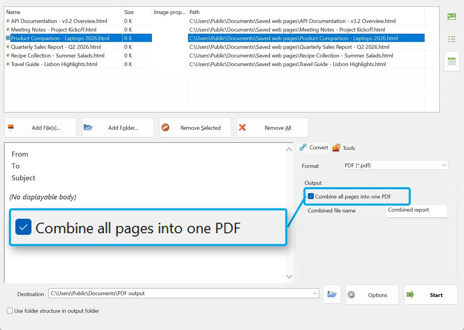 Установите флажок «Объединить все страницы в один PDF».