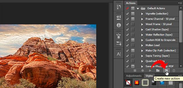 Создать новое действие в фотошопе.