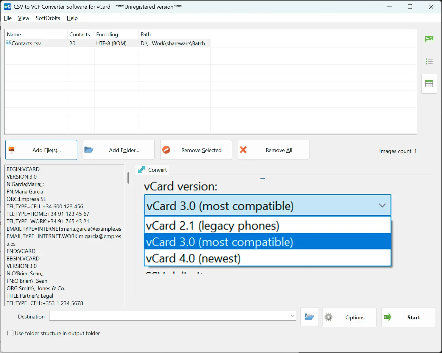 Сопоставьте столбцы, выберите версию vCard.