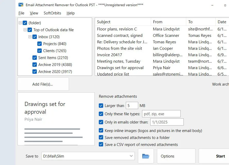 Email Attachment Remover for Outlook PST Снимок экрана.