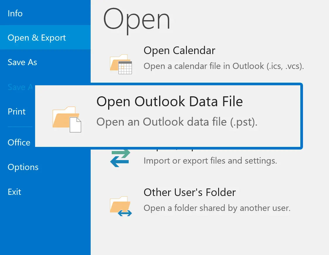Откройте PST в Outlook.