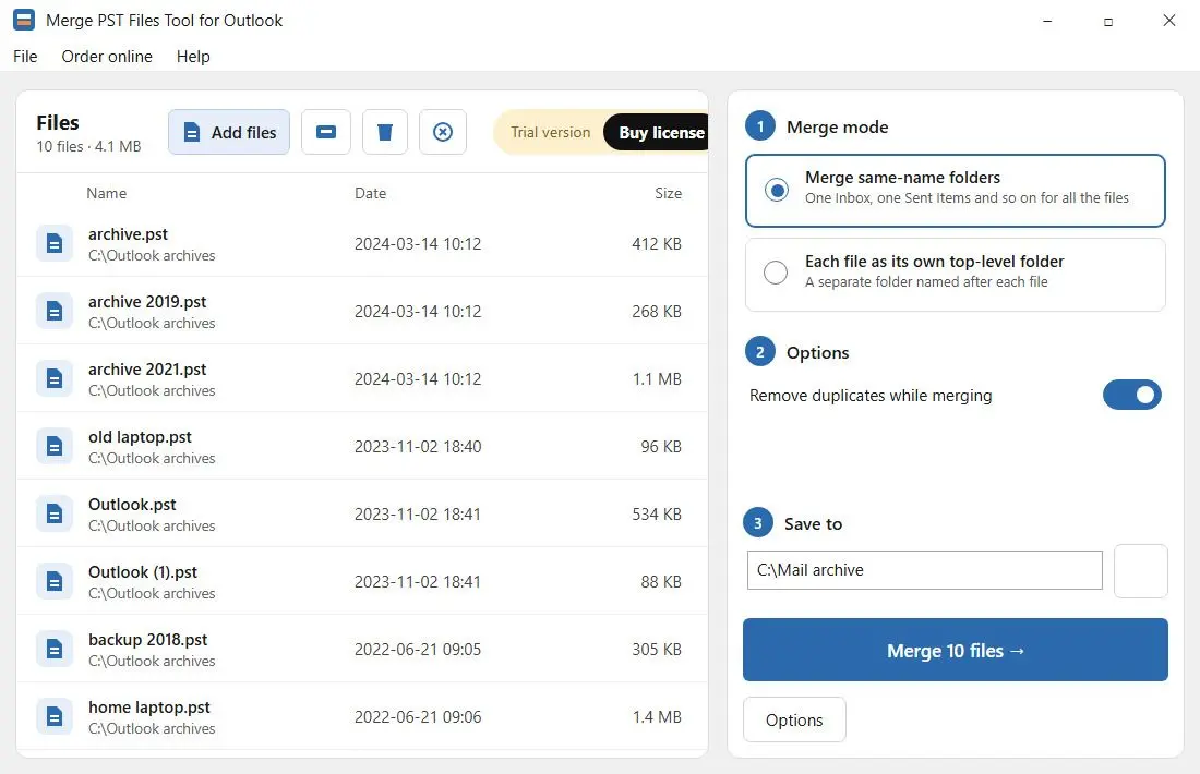 Merge PST Files Tool for Outlook Снимок экрана.