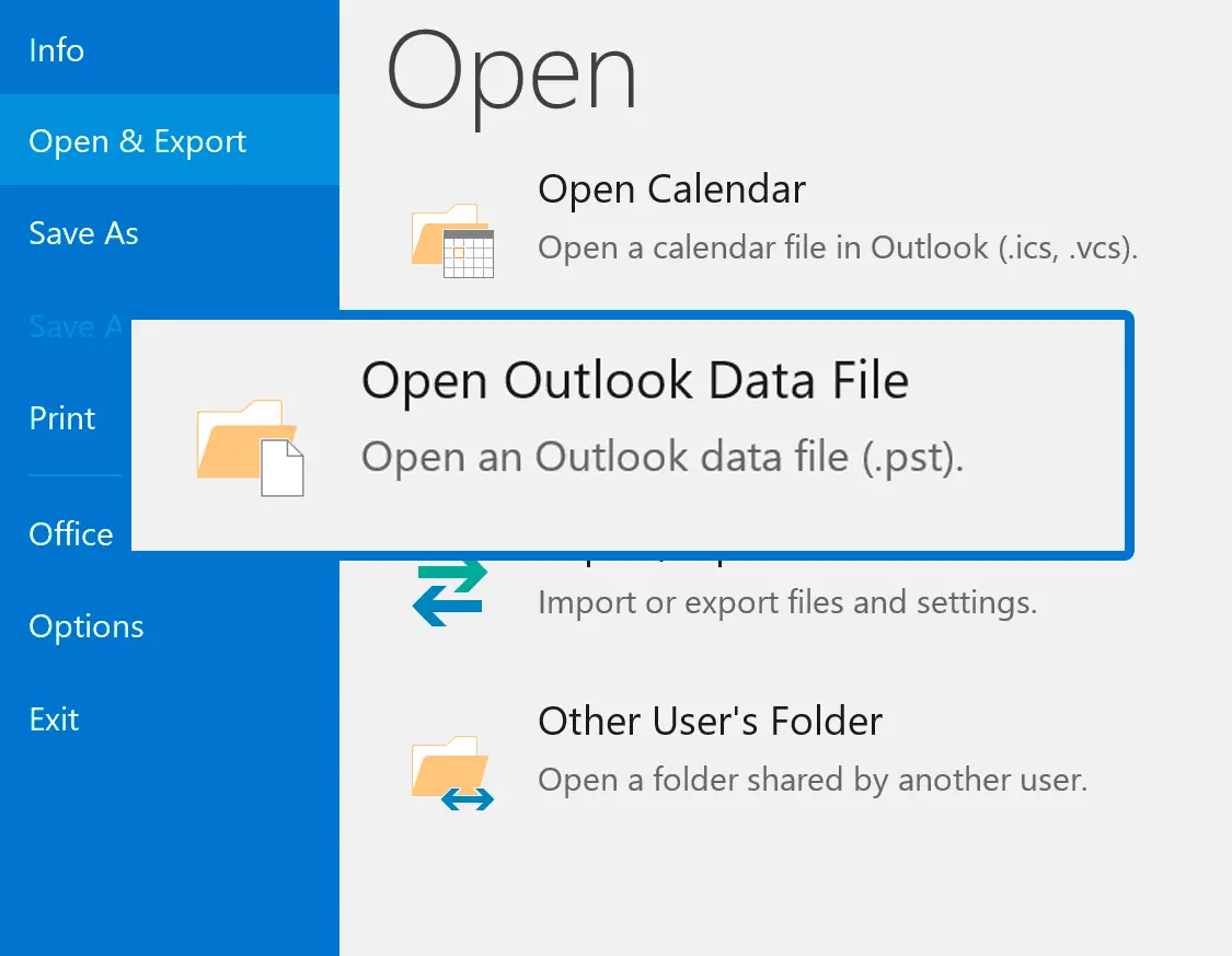 Откройте PST в Outlook.