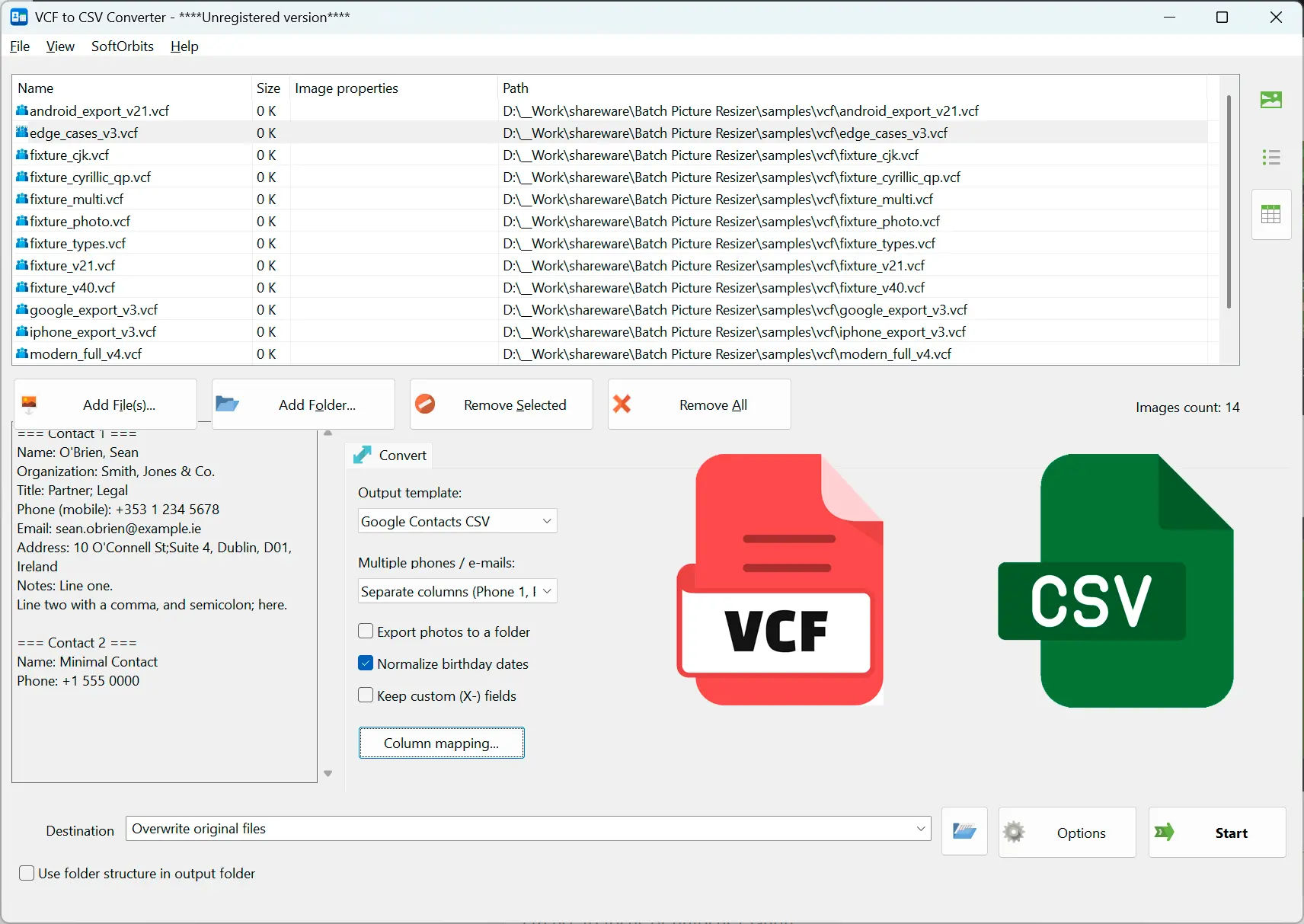 VCF to CSV Converter Software Снимок экрана.